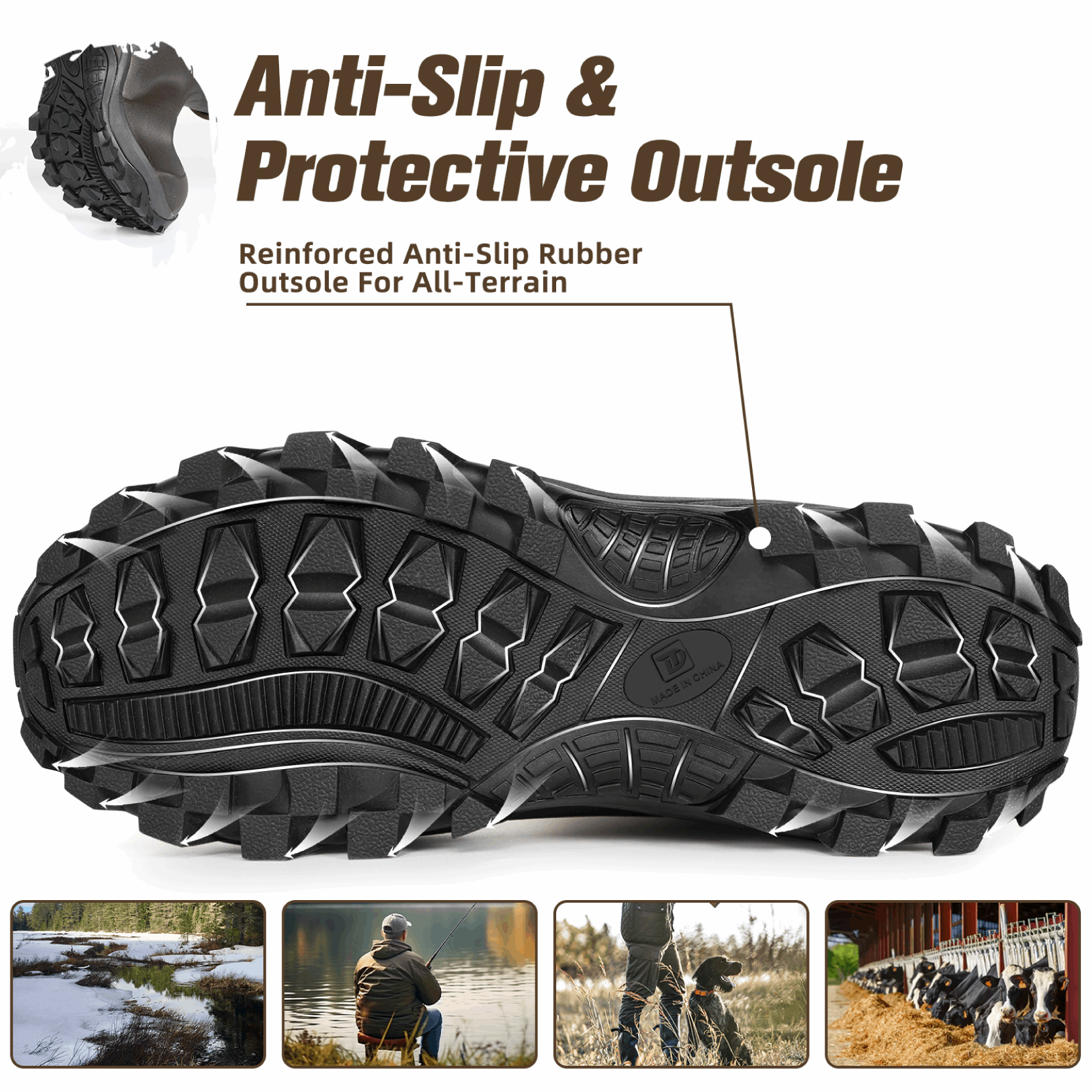 Close-up of Trudave TrailMist Series waterproof neoprene muck boots – brown and black slip-resistant sole designed for traction and versatility in outdoor activities like fishing and farming